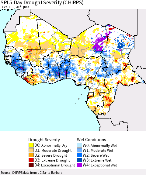 Western Africa SPI 5-Day Drought Severity (CHIRPS) Thematic Map For 10/1/2023 - 10/5/2023