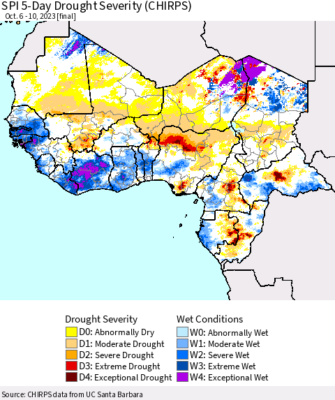 Western Africa SPI 5-Day Drought Severity (CHIRPS) Thematic Map For 10/6/2023 - 10/10/2023