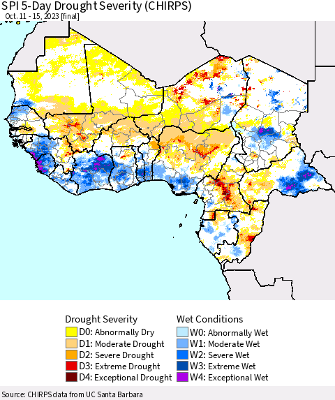 Western Africa SPI 5-Day Drought Severity (CHIRPS) Thematic Map For 10/11/2023 - 10/15/2023
