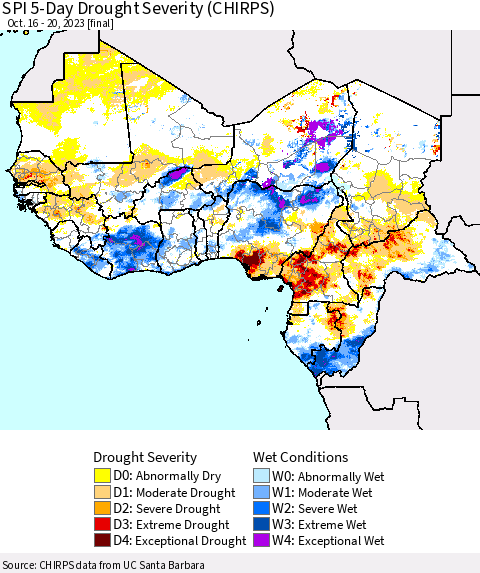 Western Africa SPI 5-Day Drought Severity (CHIRPS) Thematic Map For 10/16/2023 - 10/20/2023