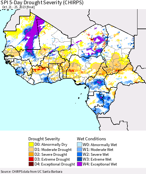 Western Africa SPI 5-Day Drought Severity (CHIRPS) Thematic Map For 10/21/2023 - 10/25/2023