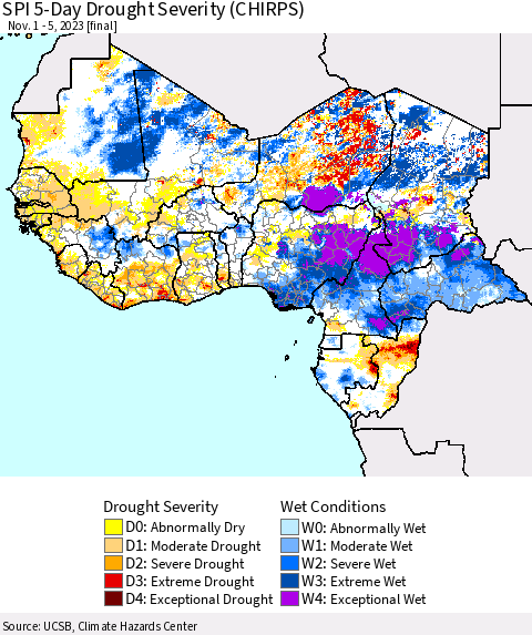 Western Africa SPI 5-Day Drought Severity (CHIRPS) Thematic Map For 11/1/2023 - 11/5/2023