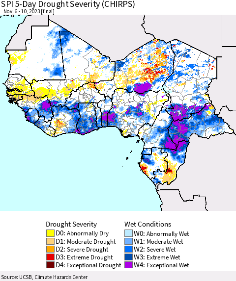 Western Africa SPI 5-Day Drought Severity (CHIRPS) Thematic Map For 11/6/2023 - 11/10/2023