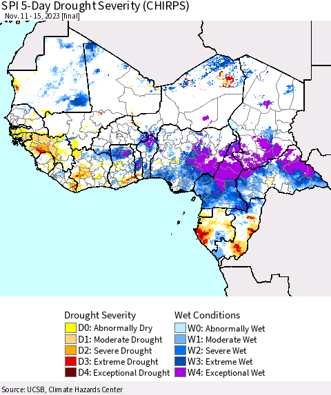Western Africa SPI 5-Day Drought Severity (CHIRPS) Thematic Map For 11/11/2023 - 11/15/2023