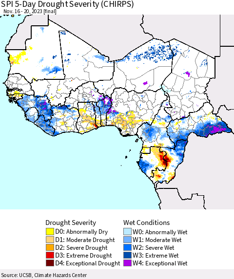 Western Africa SPI 5-Day Drought Severity (CHIRPS) Thematic Map For 11/16/2023 - 11/20/2023