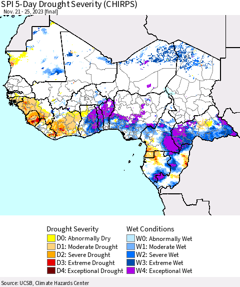 Western Africa SPI 5-Day Drought Severity (CHIRPS) Thematic Map For 11/21/2023 - 11/25/2023