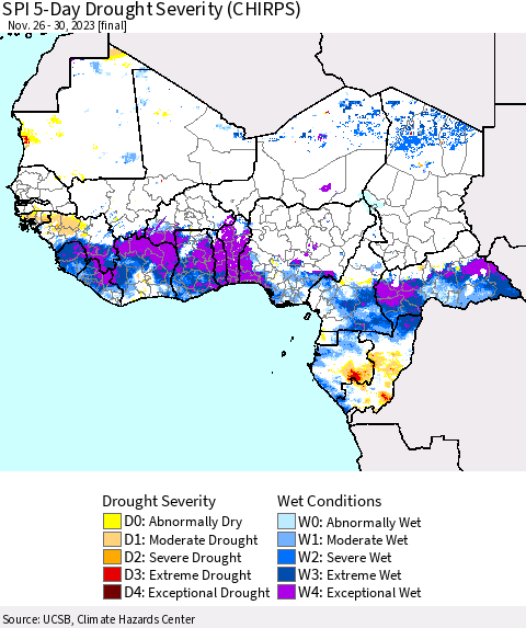 Western Africa SPI 5-Day Drought Severity (CHIRPS) Thematic Map For 11/26/2023 - 11/30/2023