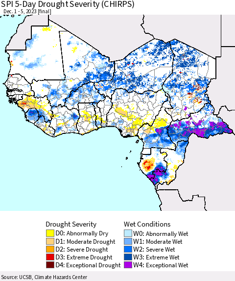 Western Africa SPI 5-Day Drought Severity (CHIRPS) Thematic Map For 12/1/2023 - 12/5/2023