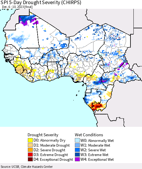 Western Africa SPI 5-Day Drought Severity (CHIRPS) Thematic Map For 12/6/2023 - 12/10/2023