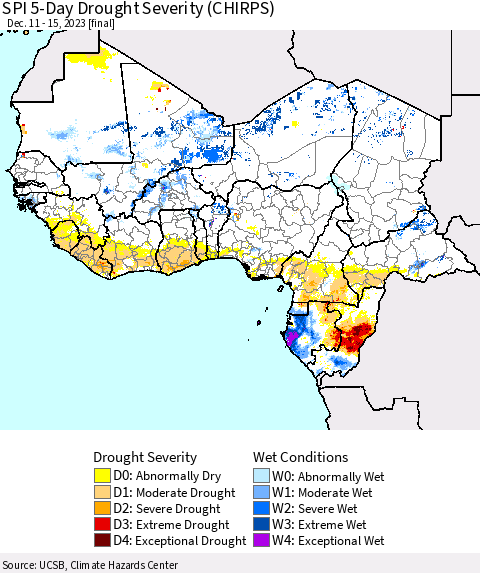 Western Africa SPI 5-Day Drought Severity (CHIRPS) Thematic Map For 12/11/2023 - 12/15/2023