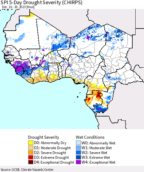 Western Africa SPI 5-Day Drought Severity (CHIRPS) Thematic Map For 12/16/2023 - 12/20/2023