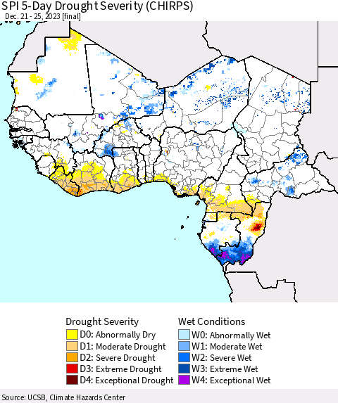Western Africa SPI 5-Day Drought Severity (CHIRPS) Thematic Map For 12/21/2023 - 12/25/2023