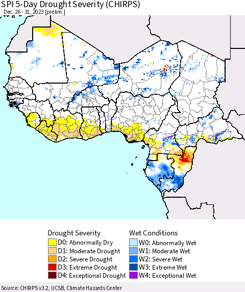 Western Africa SPI 5-Day Drought Severity (CHIRPS) Thematic Map For 12/26/2023 - 12/31/2023