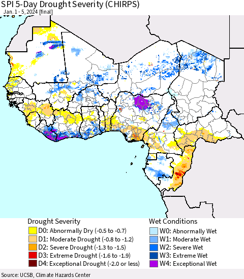 Western Africa SPI 5-Day Drought Severity (CHIRPS) Thematic Map For 1/1/2024 - 1/5/2024
