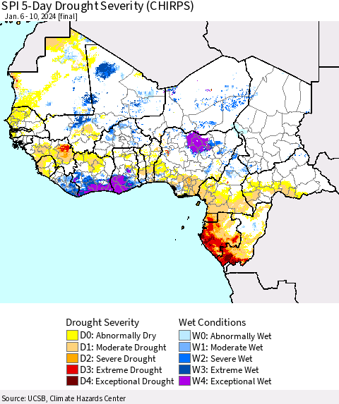 Western Africa SPI 5-Day Drought Severity (CHIRPS) Thematic Map For 1/6/2024 - 1/10/2024