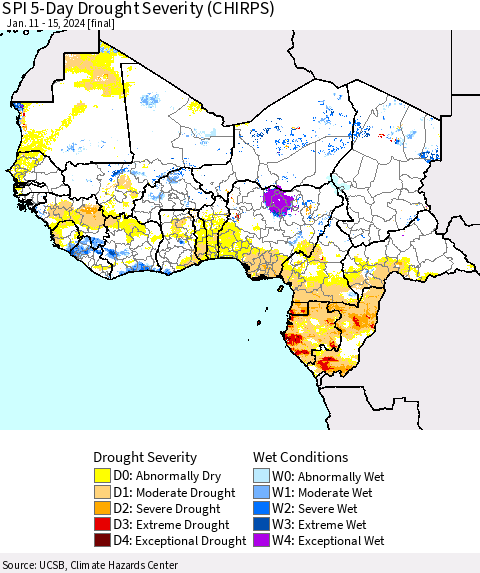Western Africa SPI 5-Day Drought Severity (CHIRPS) Thematic Map For 1/11/2024 - 1/15/2024