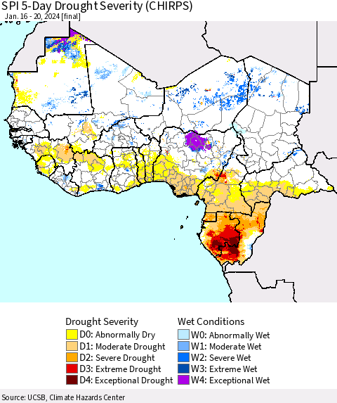 Western Africa SPI 5-Day Drought Severity (CHIRPS) Thematic Map For 1/16/2024 - 1/20/2024