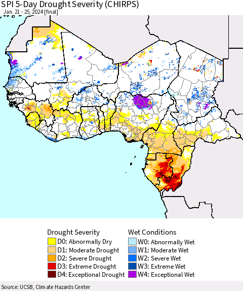 Western Africa SPI 5-Day Drought Severity (CHIRPS) Thematic Map For 1/21/2024 - 1/25/2024
