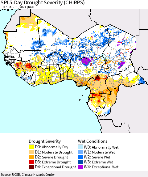 Western Africa SPI 5-Day Drought Severity (CHIRPS) Thematic Map For 1/26/2024 - 1/31/2024