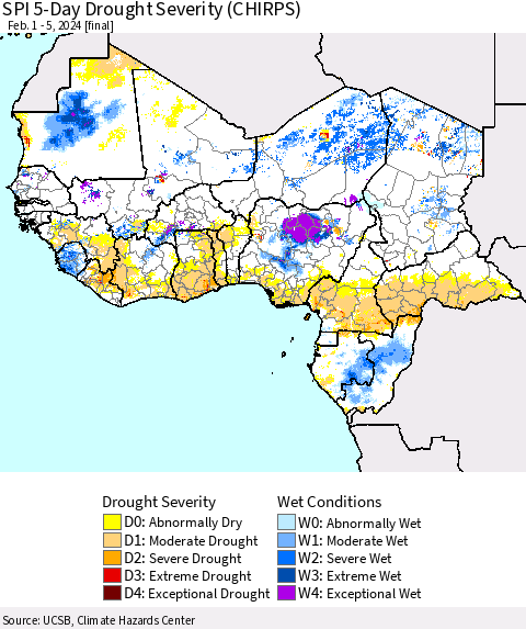 Western Africa SPI 5-Day Drought Severity (CHIRPS) Thematic Map For 2/1/2024 - 2/5/2024
