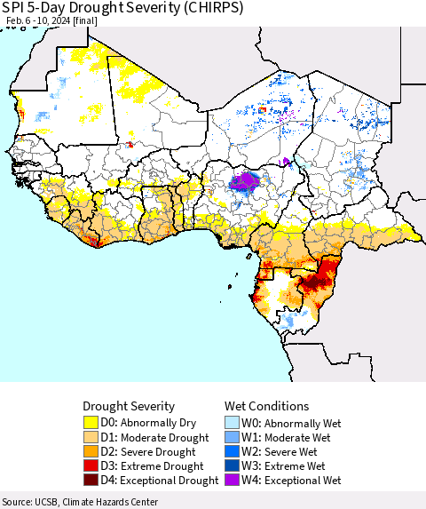 Western Africa SPI 5-Day Drought Severity (CHIRPS) Thematic Map For 2/6/2024 - 2/10/2024