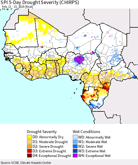 Western Africa SPI 5-Day Drought Severity (CHIRPS) Thematic Map For 2/11/2024 - 2/15/2024
