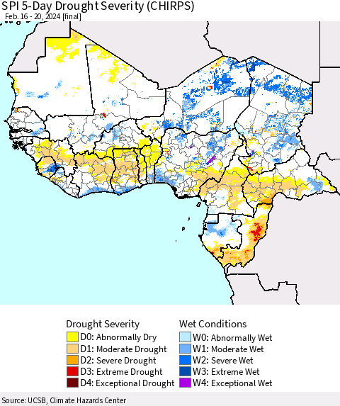 Western Africa SPI 5-Day Drought Severity (CHIRPS) Thematic Map For 2/16/2024 - 2/20/2024