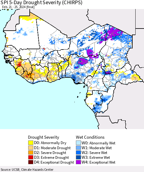 Western Africa SPI 5-Day Drought Severity (CHIRPS) Thematic Map For 2/21/2024 - 2/25/2024