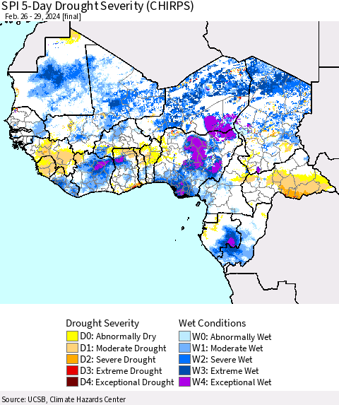 Western Africa SPI 5-Day Drought Severity (CHIRPS) Thematic Map For 2/26/2024 - 2/29/2024