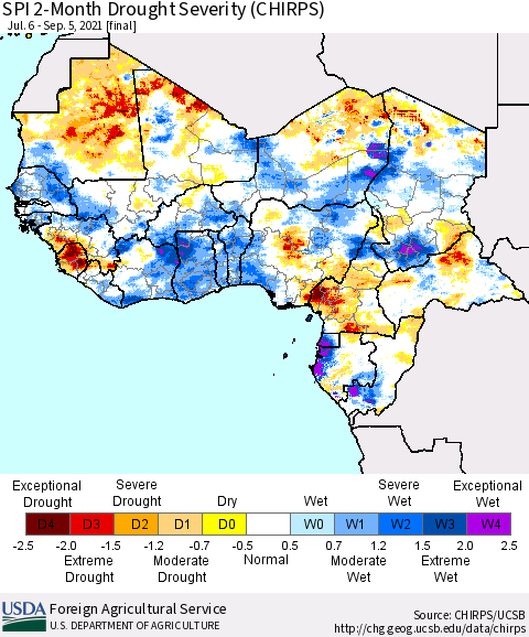 Western Africa SPI 2-Month Drought Severity (CHIRPS) Thematic Map For 7/6/2021 - 9/5/2021