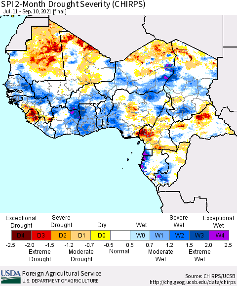 Western Africa SPI 2-Month Drought Severity (CHIRPS) Thematic Map For 7/11/2021 - 9/10/2021