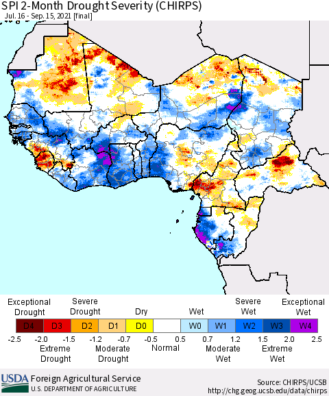 Western Africa SPI 2-Month Drought Severity (CHIRPS) Thematic Map For 7/16/2021 - 9/15/2021