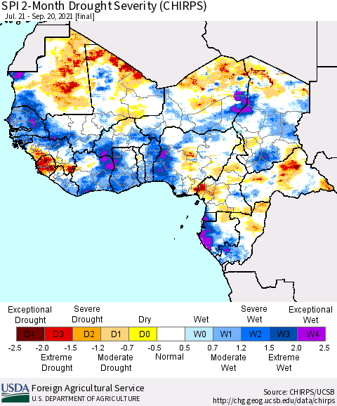 Western Africa SPI 2-Month Drought Severity (CHIRPS) Thematic Map For 7/21/2021 - 9/20/2021