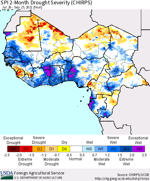Western Africa SPI 2-Month Drought Severity (CHIRPS) Thematic Map For 7/26/2021 - 9/25/2021