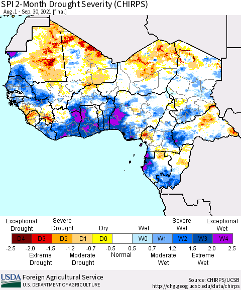 Western Africa SPI 2-Month Drought Severity (CHIRPS) Thematic Map For 8/1/2021 - 9/30/2021