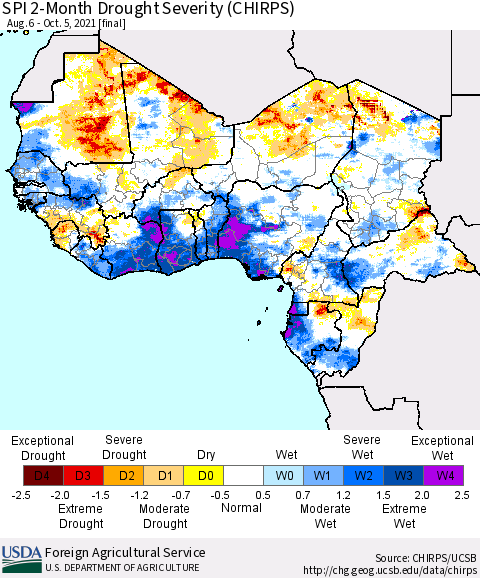 Western Africa SPI 2-Month Drought Severity (CHIRPS) Thematic Map For 8/6/2021 - 10/5/2021