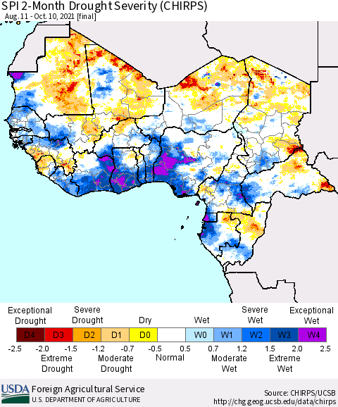 Western Africa SPI 2-Month Drought Severity (CHIRPS) Thematic Map For 8/11/2021 - 10/10/2021