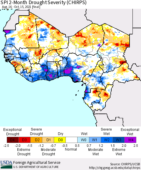 Western Africa SPI 2-Month Drought Severity (CHIRPS) Thematic Map For 8/16/2021 - 10/15/2021