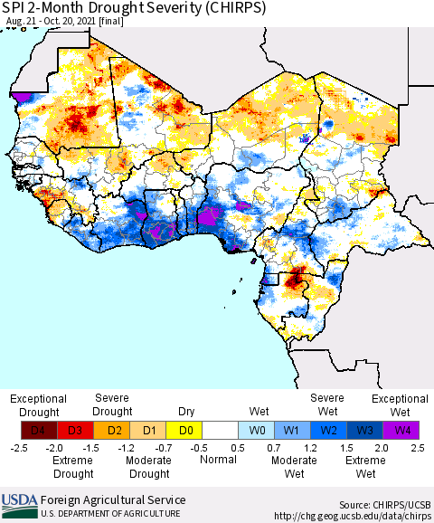 Western Africa SPI 2-Month Drought Severity (CHIRPS) Thematic Map For 8/21/2021 - 10/20/2021