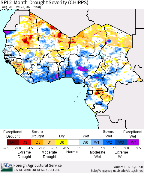 Western Africa SPI 2-Month Drought Severity (CHIRPS) Thematic Map For 8/26/2021 - 10/25/2021