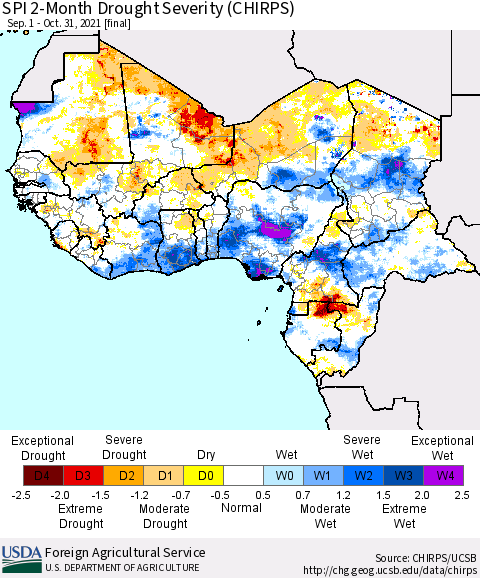 Western Africa SPI 2-Month Drought Severity (CHIRPS) Thematic Map For 9/1/2021 - 10/31/2021