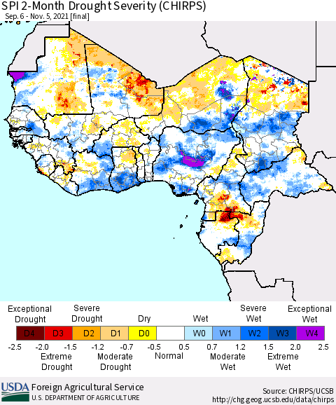 Western Africa SPI 2-Month Drought Severity (CHIRPS) Thematic Map For 9/6/2021 - 11/5/2021