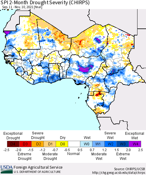 Western Africa SPI 2-Month Drought Severity (CHIRPS) Thematic Map For 9/11/2021 - 11/10/2021
