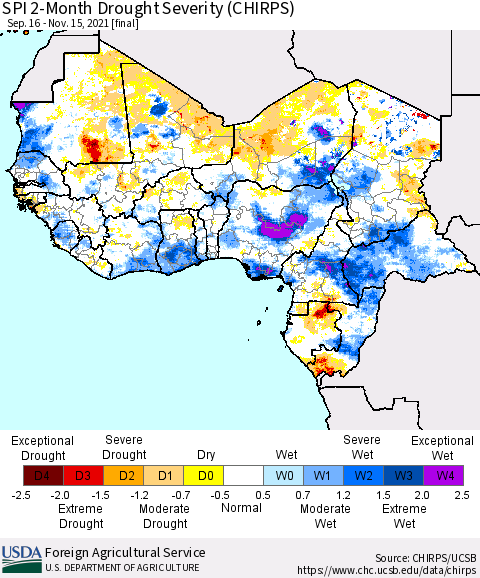 Western Africa SPI 2-Month Drought Severity (CHIRPS) Thematic Map For 9/16/2021 - 11/15/2021