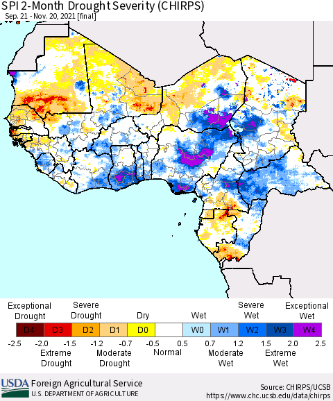 Western Africa SPI 2-Month Drought Severity (CHIRPS) Thematic Map For 9/21/2021 - 11/20/2021