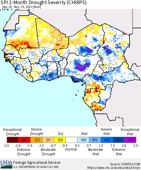 Western Africa SPI 2-Month Drought Severity (CHIRPS) Thematic Map For 9/26/2021 - 11/25/2021