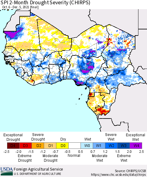 Western Africa SPI 2-Month Drought Severity (CHIRPS) Thematic Map For 10/6/2021 - 12/5/2021