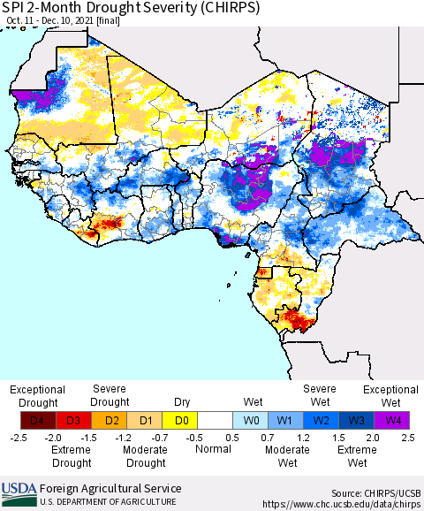 Western Africa SPI 2-Month Drought Severity (CHIRPS) Thematic Map For 10/11/2021 - 12/10/2021