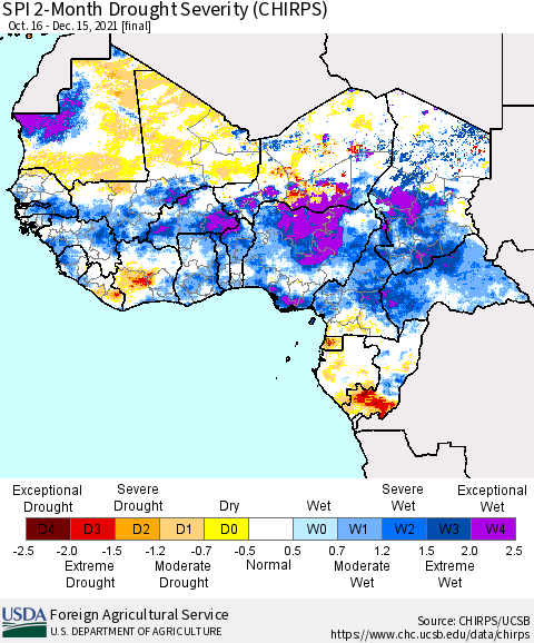 Western Africa SPI 2-Month Drought Severity (CHIRPS) Thematic Map For 10/16/2021 - 12/15/2021