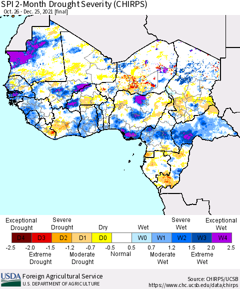 Western Africa SPI 2-Month Drought Severity (CHIRPS) Thematic Map For 10/26/2021 - 12/25/2021